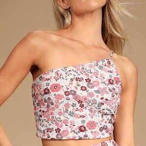 Women’s Lulus Bloom into Spring Blush Floral Jacquard One-Shoulder Crop Top